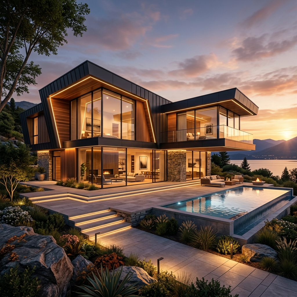Architectural rendering of a modern luxury estate at sunset with pool